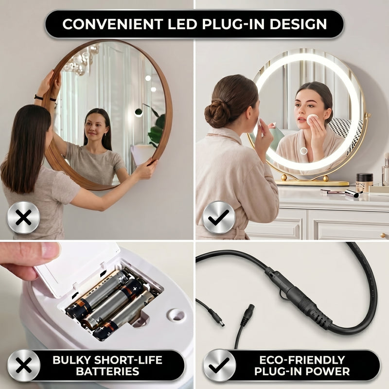 White LED vanity mirror shown in cool, neutral, and warm light modes across three bedroom scenes