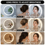 White LED vanity mirror shown in cool, neutral, and warm light modes across three bedroom scenes