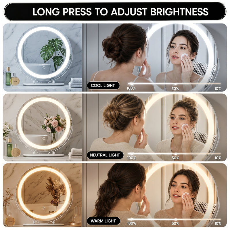 White LED vanity mirror shown in cool, neutral, and warm light modes across three bedroom scenes