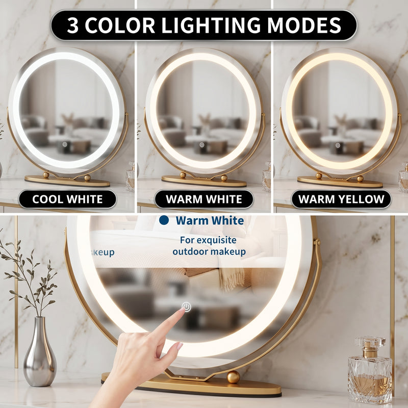 White LED vanity mirror shown in cool, neutral, and warm light modes across three bedroom scenes