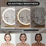 White LED vanity mirror shown in cool, neutral, and warm light modes across three bedroom scenes