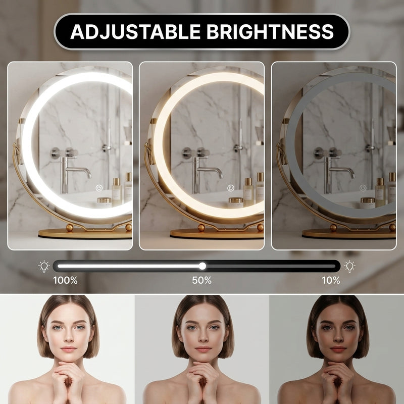 White LED vanity mirror shown in cool, neutral, and warm light modes across three bedroom scenes