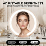 White LED halo mirror lit at 10%, 50%, and 100% brightness levels with a model's face reflected