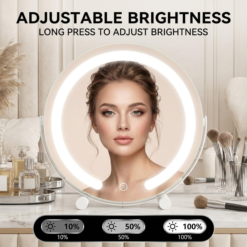 White LED halo mirror lit at 10%, 50%, and 100% brightness levels with a model's face reflected