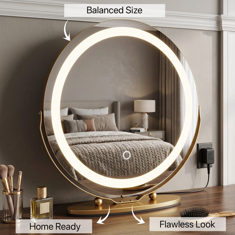White LED halo mirror lit at 10%, 50%, and 100% brightness levels with a model's face reflected