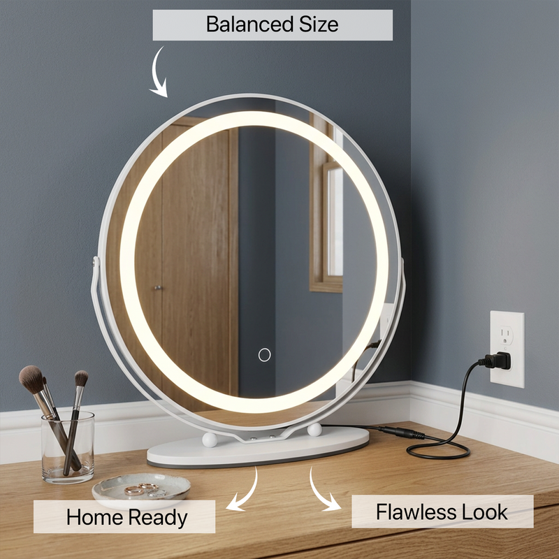 White LED halo mirror lit at 10%, 50%, and 100% brightness levels with a model's face reflected