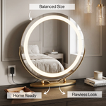 White LED halo mirror lit at 10%, 50%, and 100% brightness levels with a model's face reflected