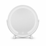 White LED vanity mirror with halo light ring, shown from the front on an oval base with ball-joint hinges