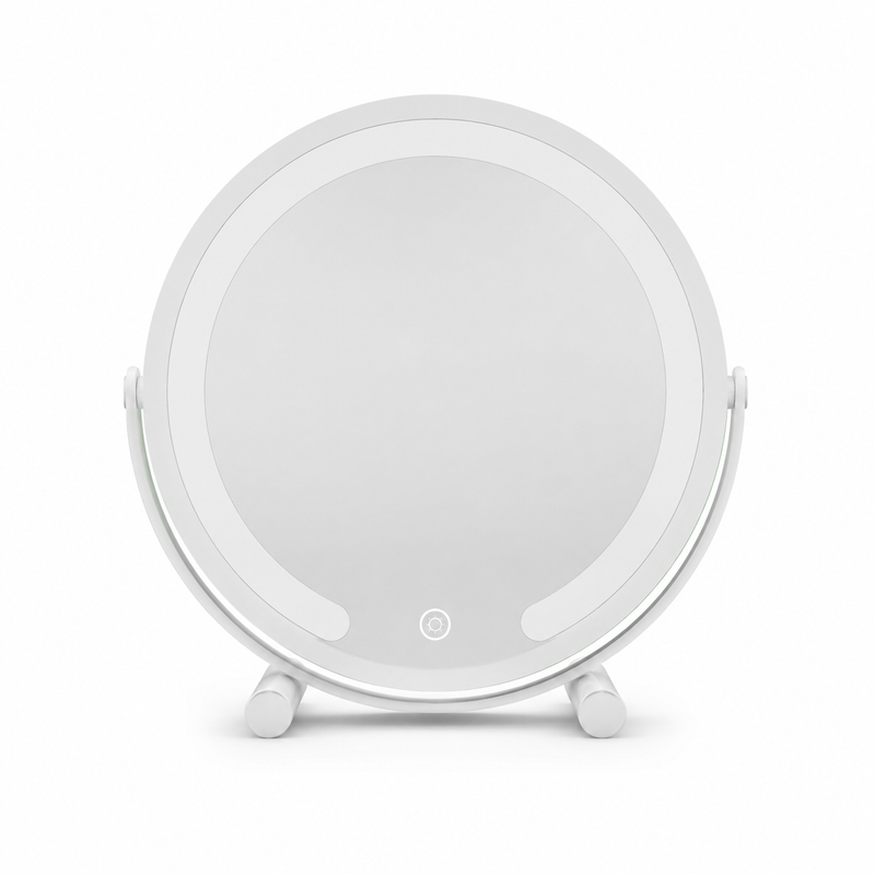White LED vanity mirror with halo light ring, shown from the front on an oval base with ball-joint hinges