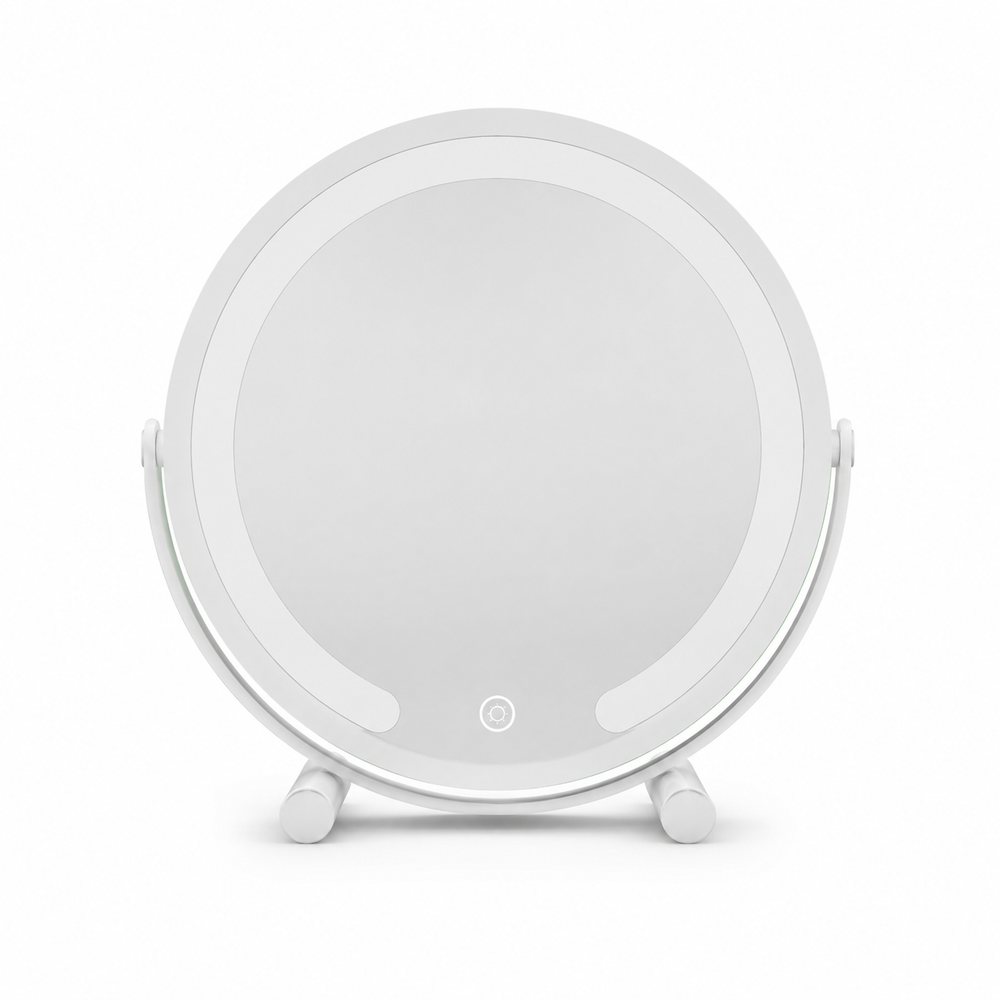 White LED vanity mirror with halo light ring, shown from the front on an oval base with ball-joint hinges