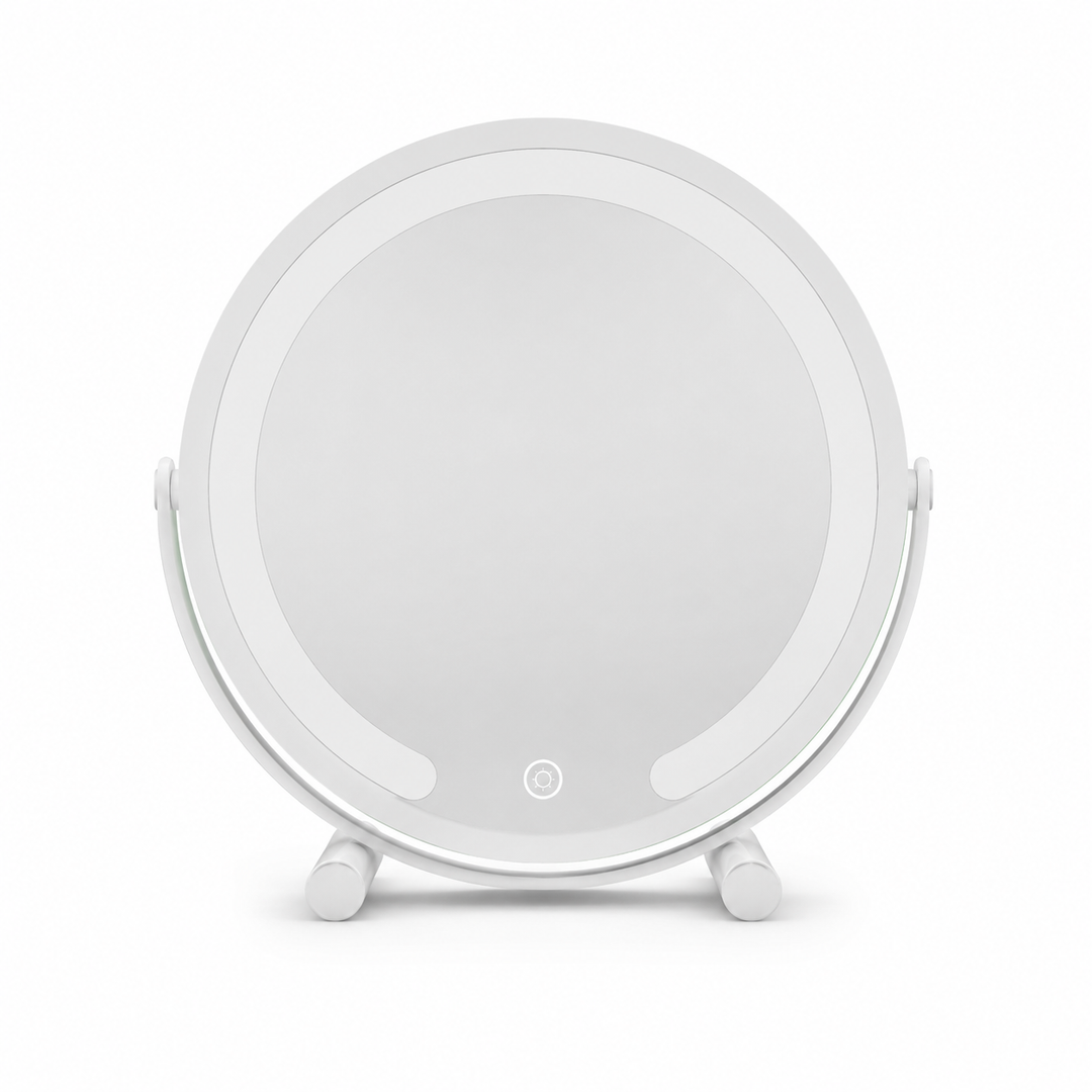 White LED vanity mirror with halo light ring, shown from the front on an oval base with ball-joint hinges