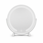 White LED vanity mirror with halo light ring, shown from the front on an oval base with ball-joint hinges