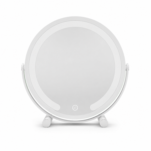 White LED vanity mirror with halo light ring, shown from the front on an oval base with ball-joint hinges