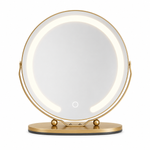 White LED vanity mirror with halo light ring, shown from the front on an oval base with ball-joint hinges