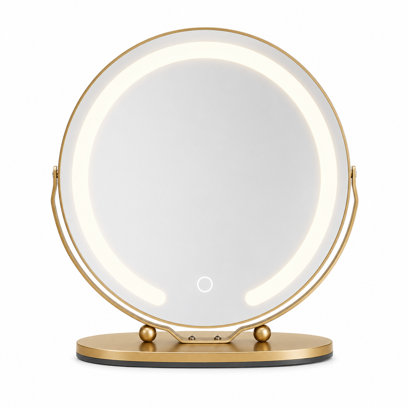 White LED vanity mirror with halo light ring, shown from the front on an oval base with ball-joint hinges