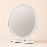 White LED vanity mirror with halo light ring, shown from the front on an oval base with ball-joint hinges