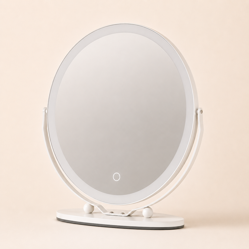 White LED vanity mirror with halo light ring, shown from the front on an oval base with ball-joint hinges