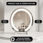 White LED vanity mirror labeled with plug-in power and no battery needed