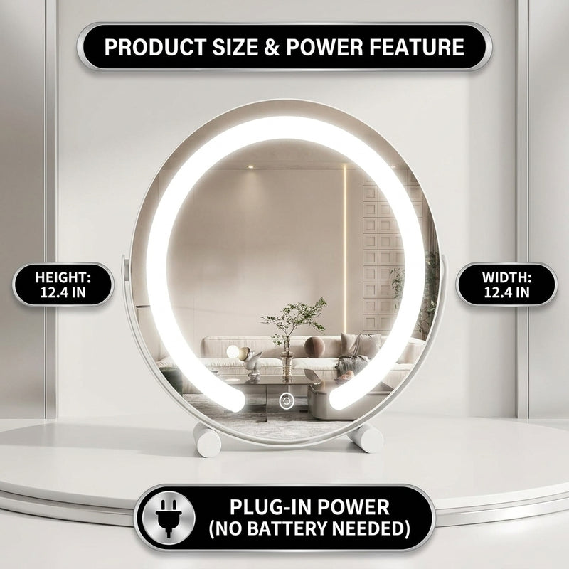 White LED vanity mirror labeled with plug-in power and no battery needed