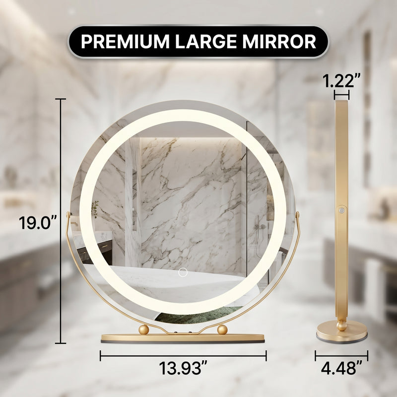 White LED vanity mirror labeled with plug-in power and no battery needed