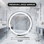 White LED vanity mirror labeled with plug-in power and no battery needed