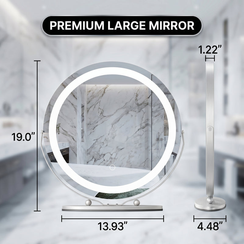 White LED vanity mirror labeled with plug-in power and no battery needed