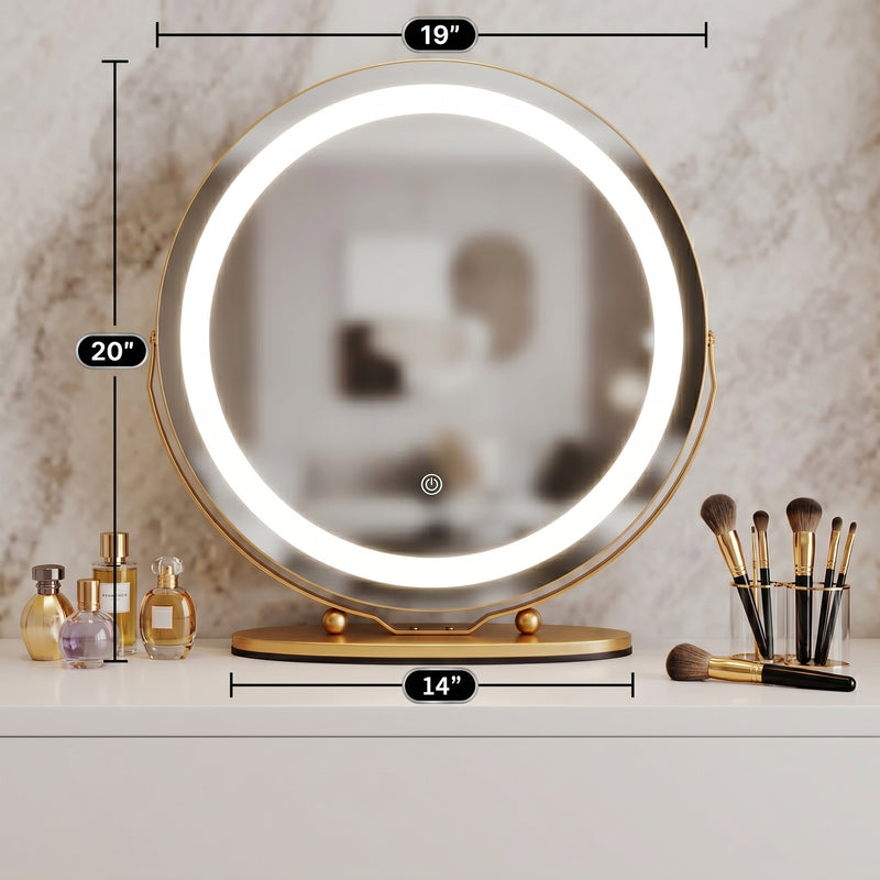 White LED vanity mirror labeled with plug-in power and no battery needed