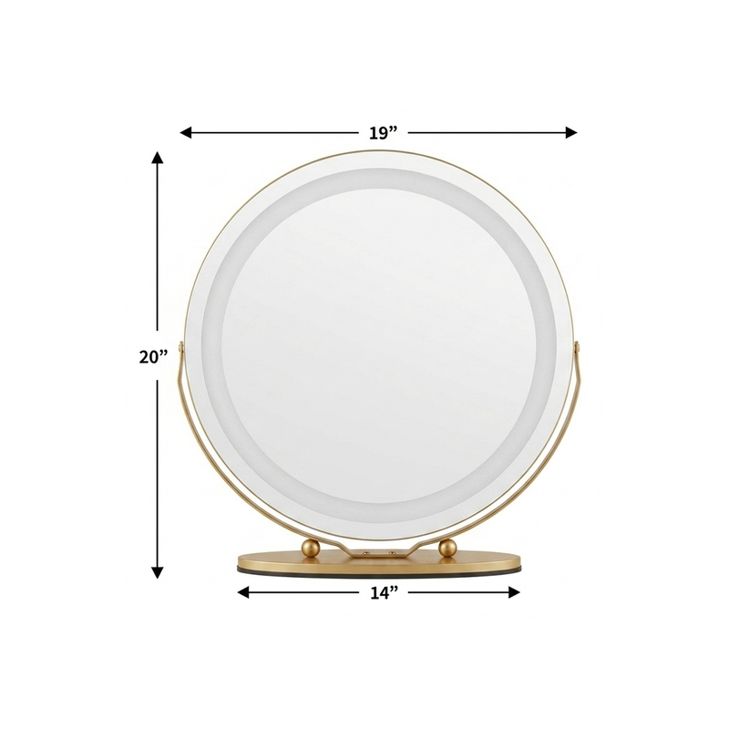 White LED vanity mirror labeled with plug-in power and no battery needed