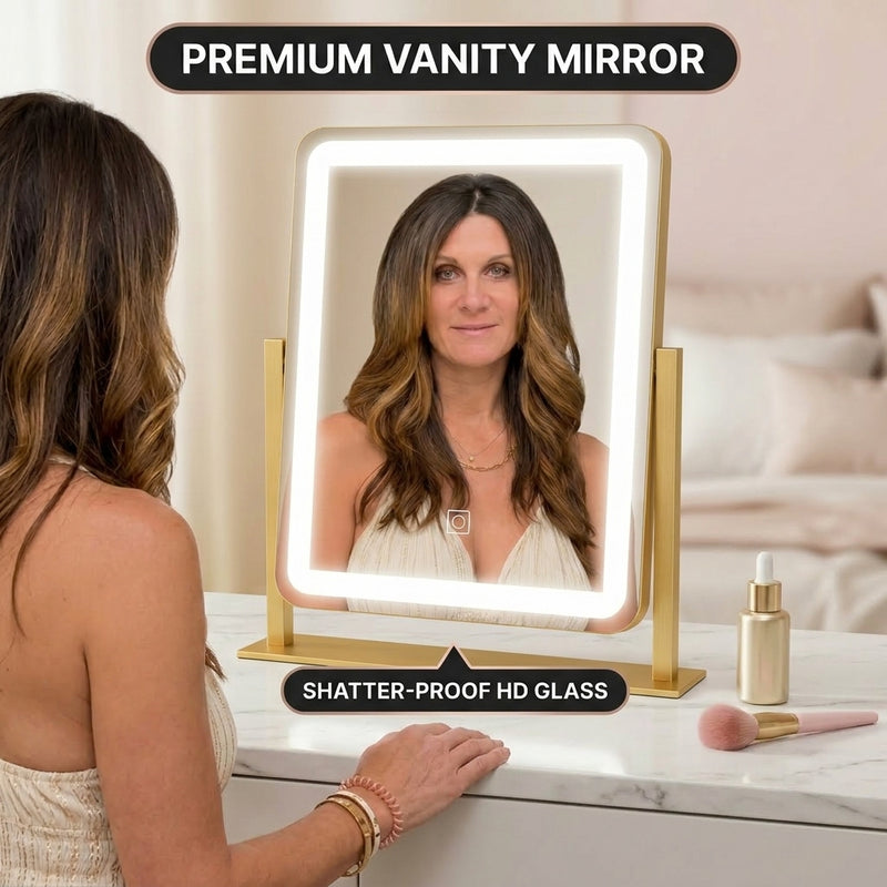 Woman viewing her eye in the 20X magnifier attached to the LED vanity mirror
