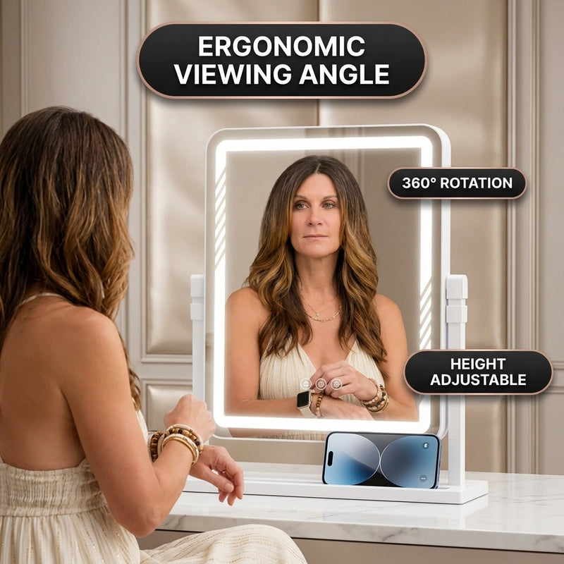 Woman viewing her eye in the 20X magnifier attached to the LED vanity mirror