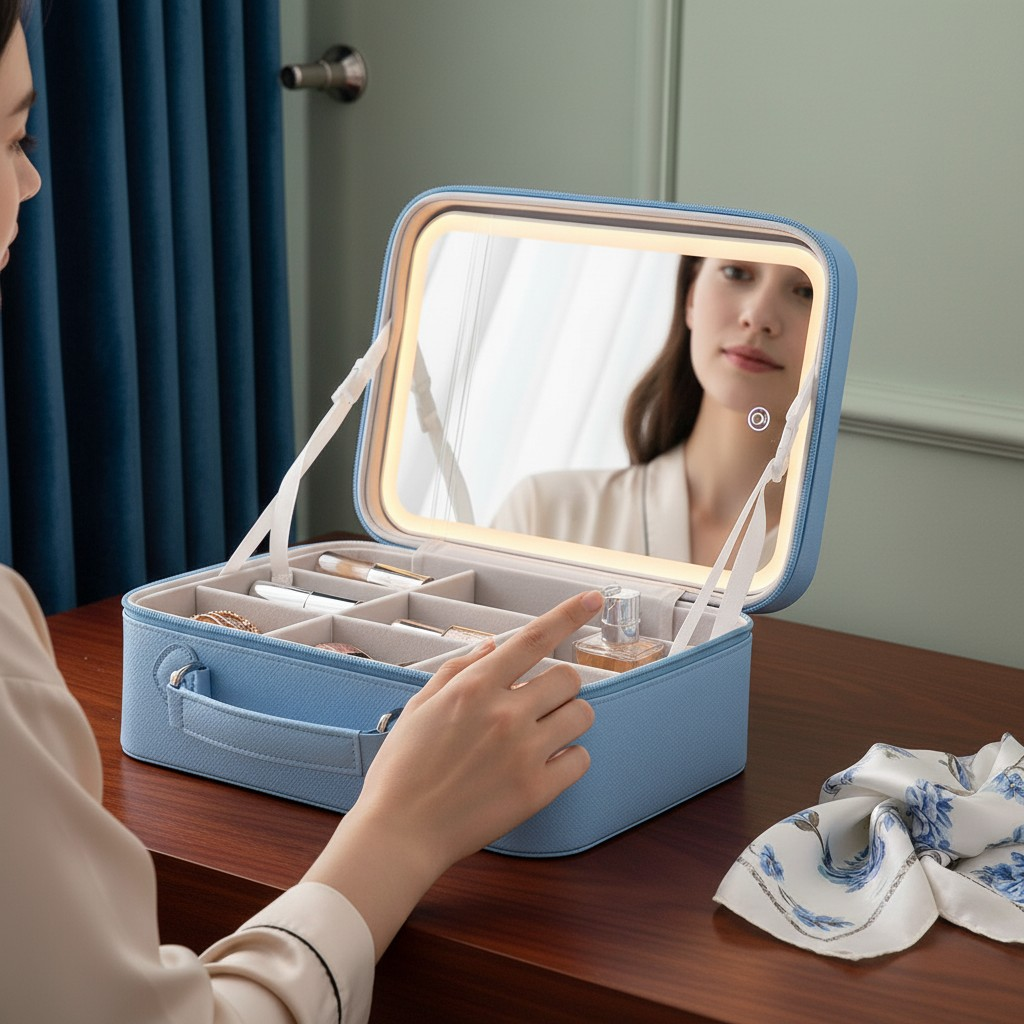Travel Makeup Bag with LED Mirror – 3-Color Dimmable Lighting + Detachable 10× Magnifying Mirror & Waterproof Organizer | Trufairs