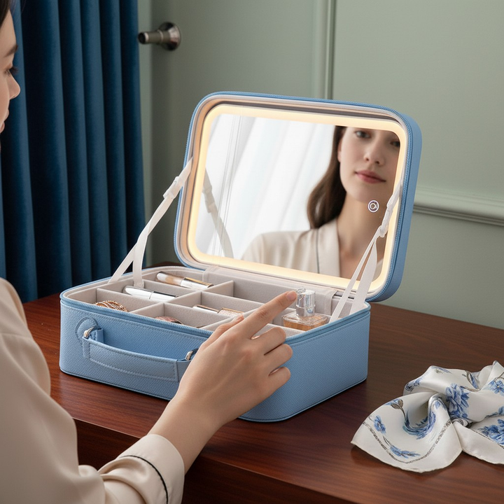 Travel Makeup Bag with LED Mirror – 3-Color Dimmable Lighting + Detachable 10× Magnifying Mirror & Waterproof Organizer | Trufairs