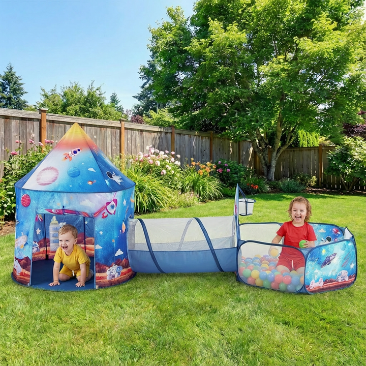 3-in-1 Kids Indoor/Outdoor Pop Up Playhouse with Tunnel – Royal Blue Rocket Theme | Trufairs