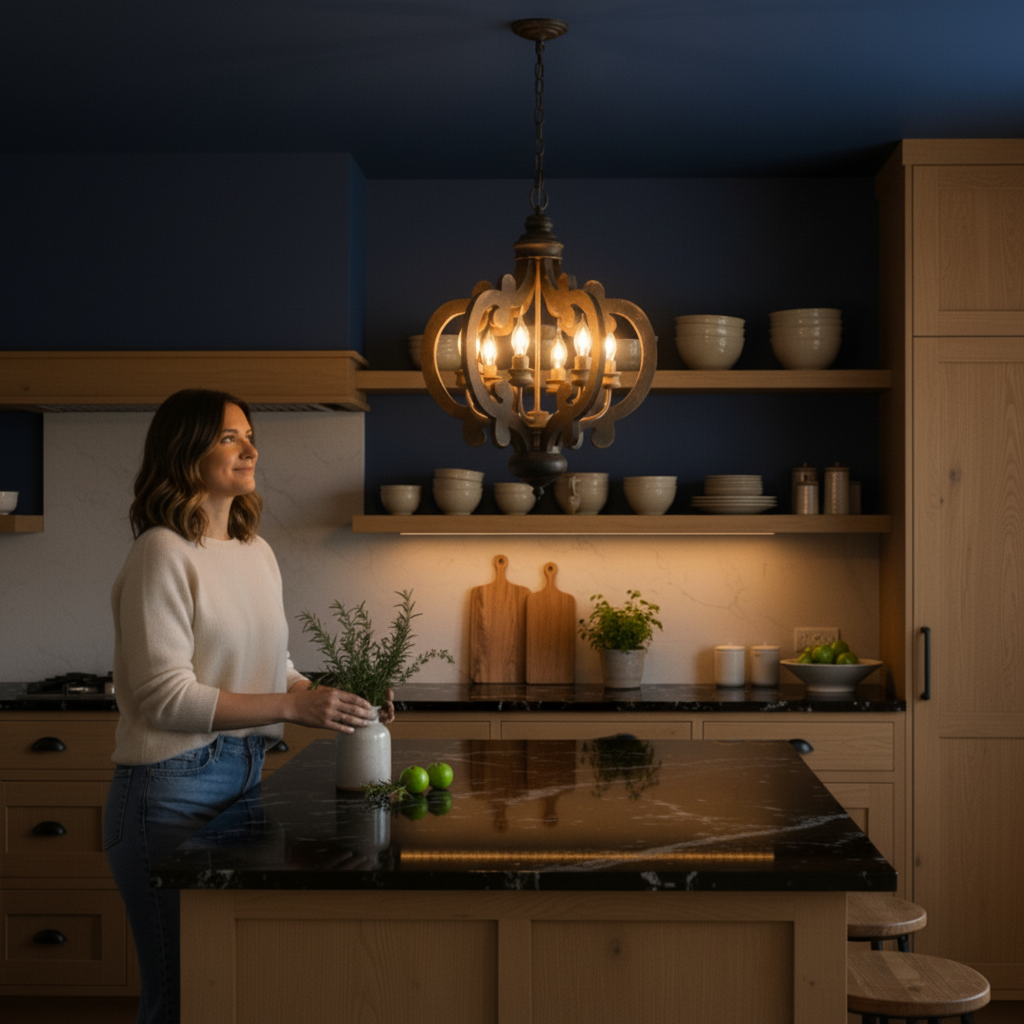 French Country Wood Chandelier, 6-Light Farmhouse Pendant Light Fixture with 28" Adjustable Chain for Kitchen Foyer Hallway, Bulb Not Included