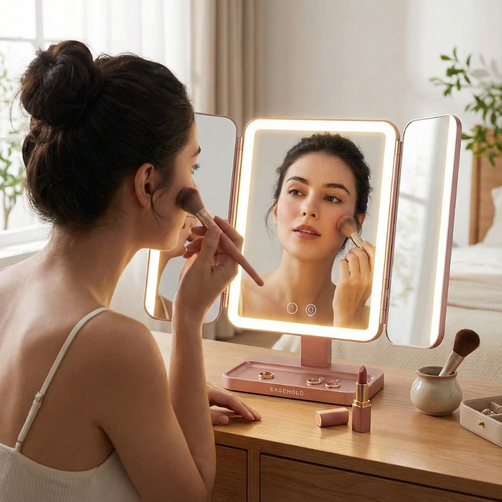 Tri-Fold LED Makeup Mirror with 1X 2X 3X 10X Magnification & Rechargeable 5000mAh Battery ,Rose Gold | Trufairs