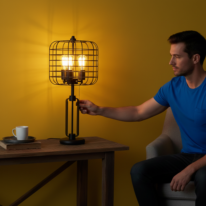 26"H BLACK INDUSTRIAL WIRE CAGE TABLE LAMP W/ EDISON BULB (1PCS/CNT)(2.96/14.43)