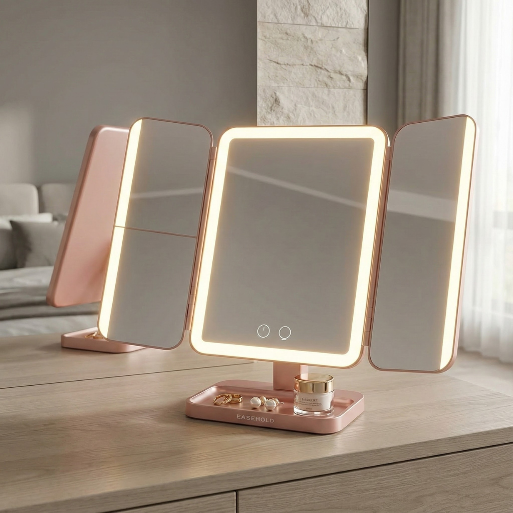 Tri-Fold LED Makeup Mirror with 1X 2X 3X 10X Magnification & Rechargeable 5000mAh Battery ,Rose Gold | Trufairs
