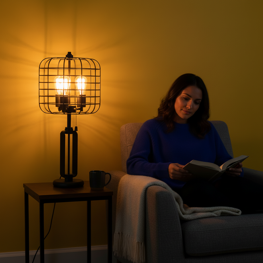 26"H BLACK INDUSTRIAL WIRE CAGE TABLE LAMP W/ EDISON BULB (1PCS/CNT)(2.96/14.43)