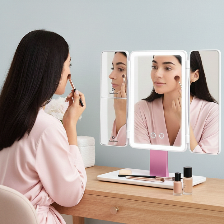 Rechargeable Tri-Fold LED Makeup Mirror with 1X/2X/3X Magnification & 60 LED Lights | Trufairs