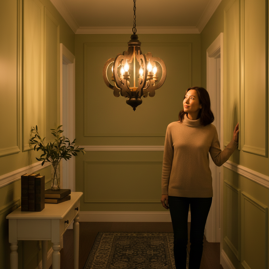 French Country Wood Chandelier, 6-Light Farmhouse Pendant Light Fixture with 28" Adjustable Chain for Kitchen Foyer Hallway, Bulb Not Included