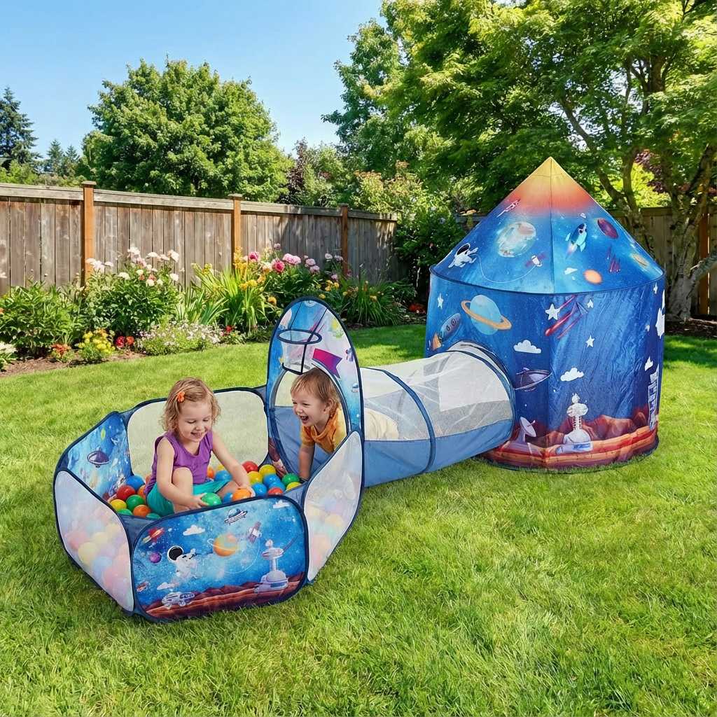 3-in-1 Kids Indoor/Outdoor Pop Up Playhouse with Tunnel – Royal Blue Rocket Theme | Trufairs