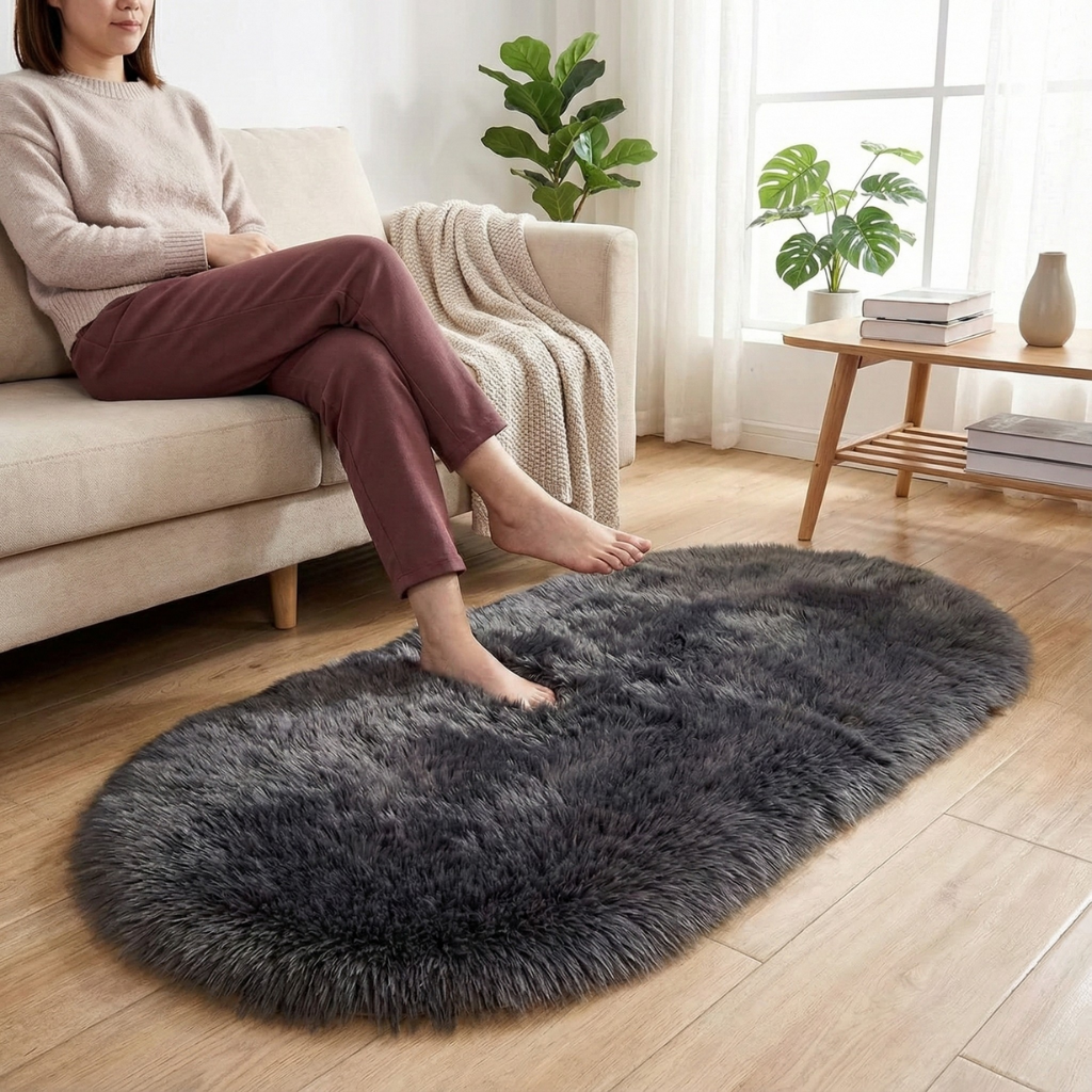 Plush Oval Faux Sheepskin Rug – Super Soft Cozy Accent | Bedroom Living Room Carpet | Trufairs