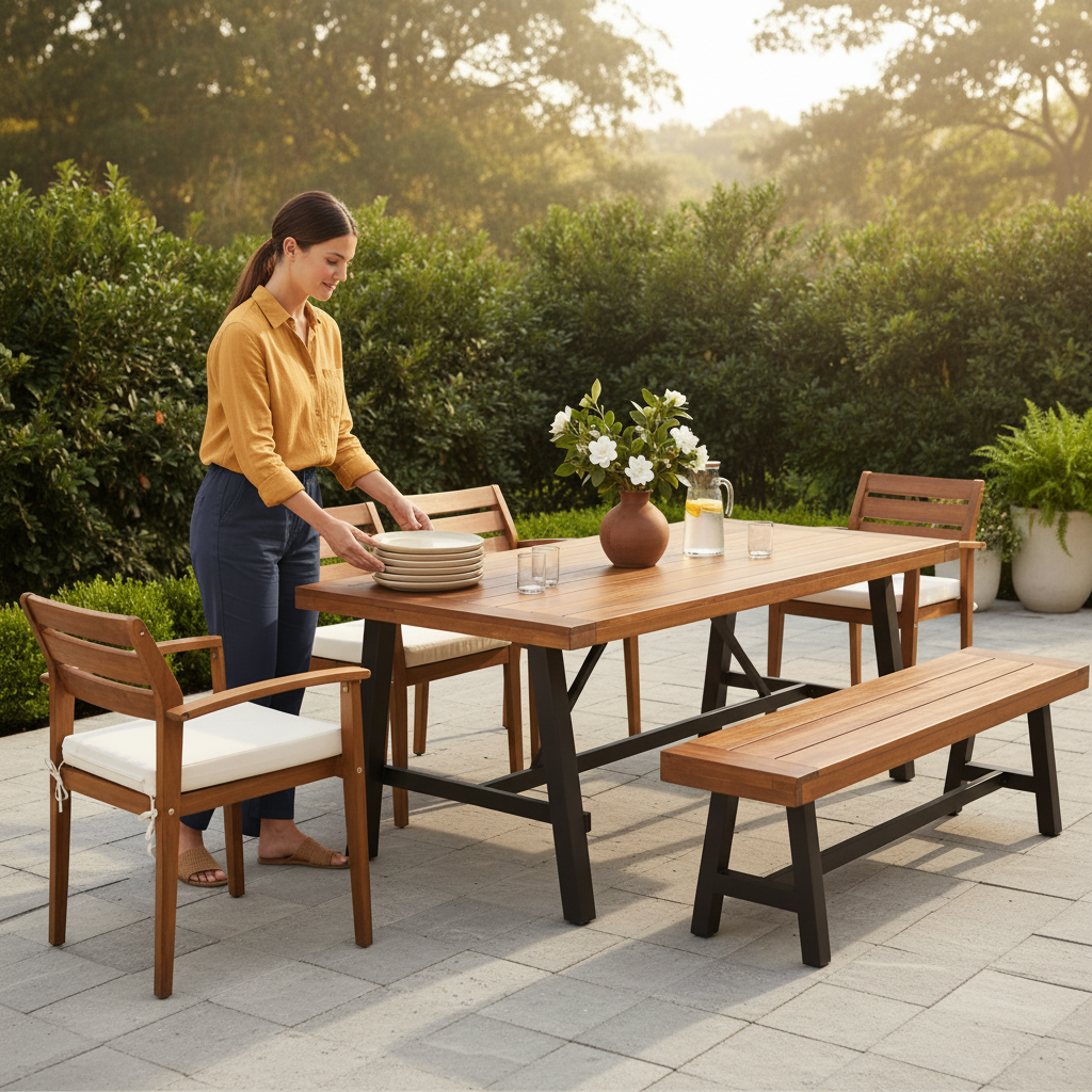 GO Outdoor Wood Dining Set For 7-8 Person, Outdoor Dining Furniture With Removable Cushions, Ergonomic Chairs And Bench, Thicker Table, Nature