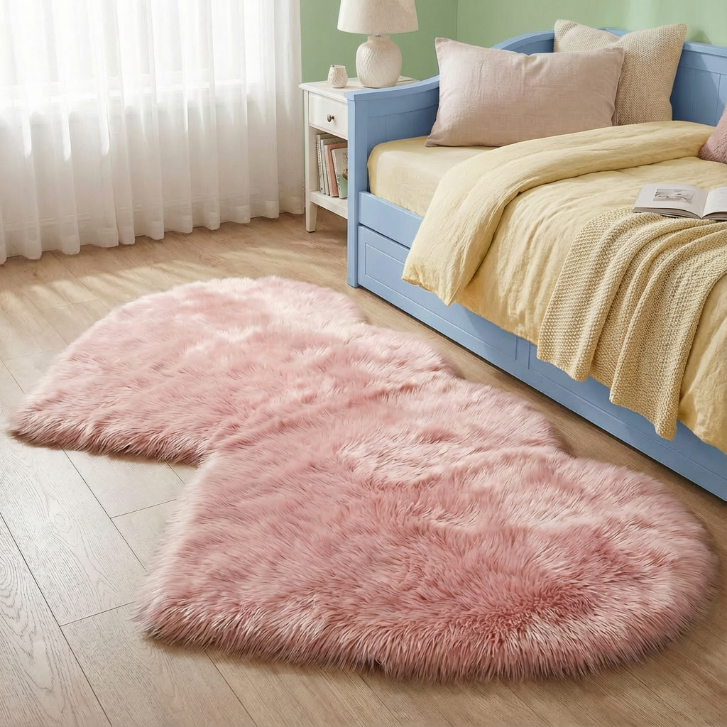 Heart-Shaped Faux Sheepskin Rug – Soft & Fluffy Decorative Rug for Girls Bedroom and Home Decor | Trufairs