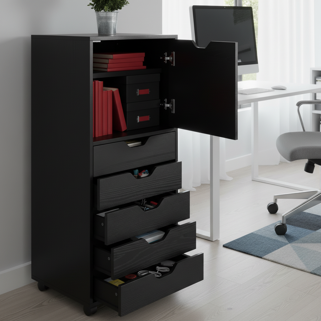 Halifax 5-Drawer Tall Storage Cabinet – Black Space-Saving Organizer for Bedroom, Office & Closet | Trufairs