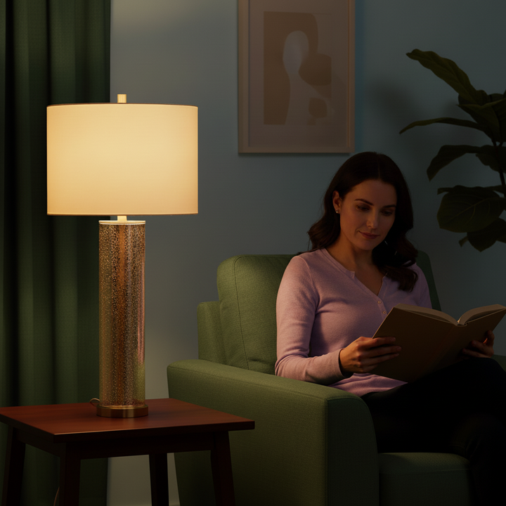 16x16x35" Gold Mirrored Glass Table Lamp with White Fabric Shade