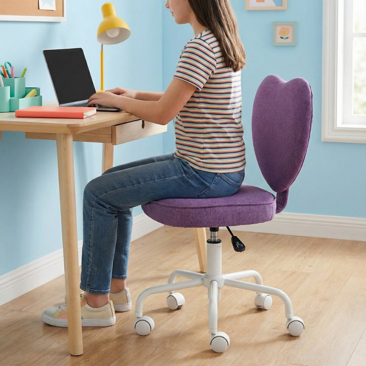 Heart Back Adjustable Office Chair – Upholstered Purple Desk Chair, Rolling Vanity Seat | Trufairs
