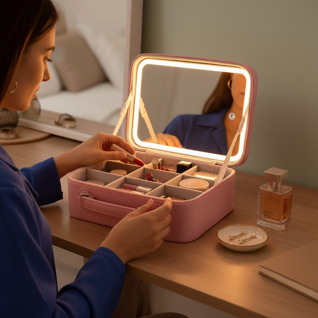 Travel Makeup Bag with LED Mirror – 3-Color Dimmable Lighting + Detachable 10× Magnifying Mirror & Waterproof Organizer | Trufairs