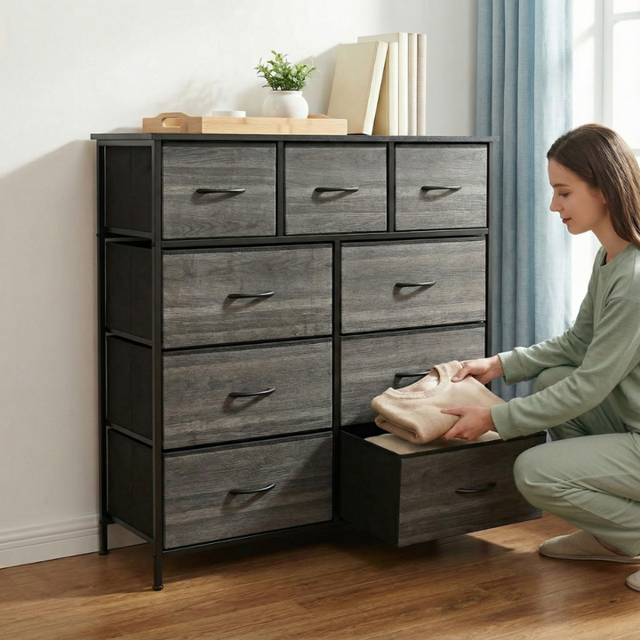 Multi-Compartment 9-Drawer Non-Woven Storage Cabinet – Black Wood Grain Organizer for Bedroom, Office & Living Space | Trufairs