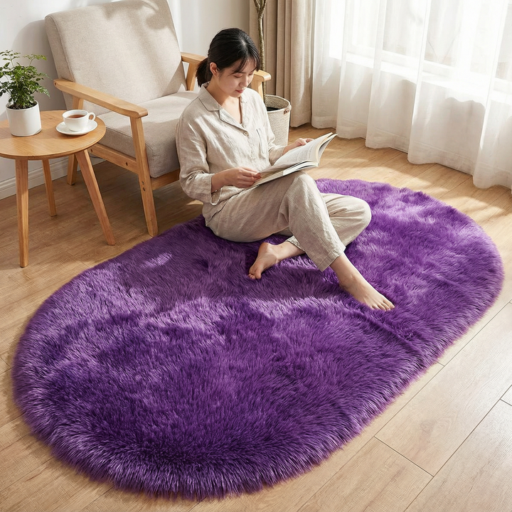 Plush Oval Faux Sheepskin Rug – Super Soft Cozy Accent | Bedroom Living Room Carpet | Trufairs